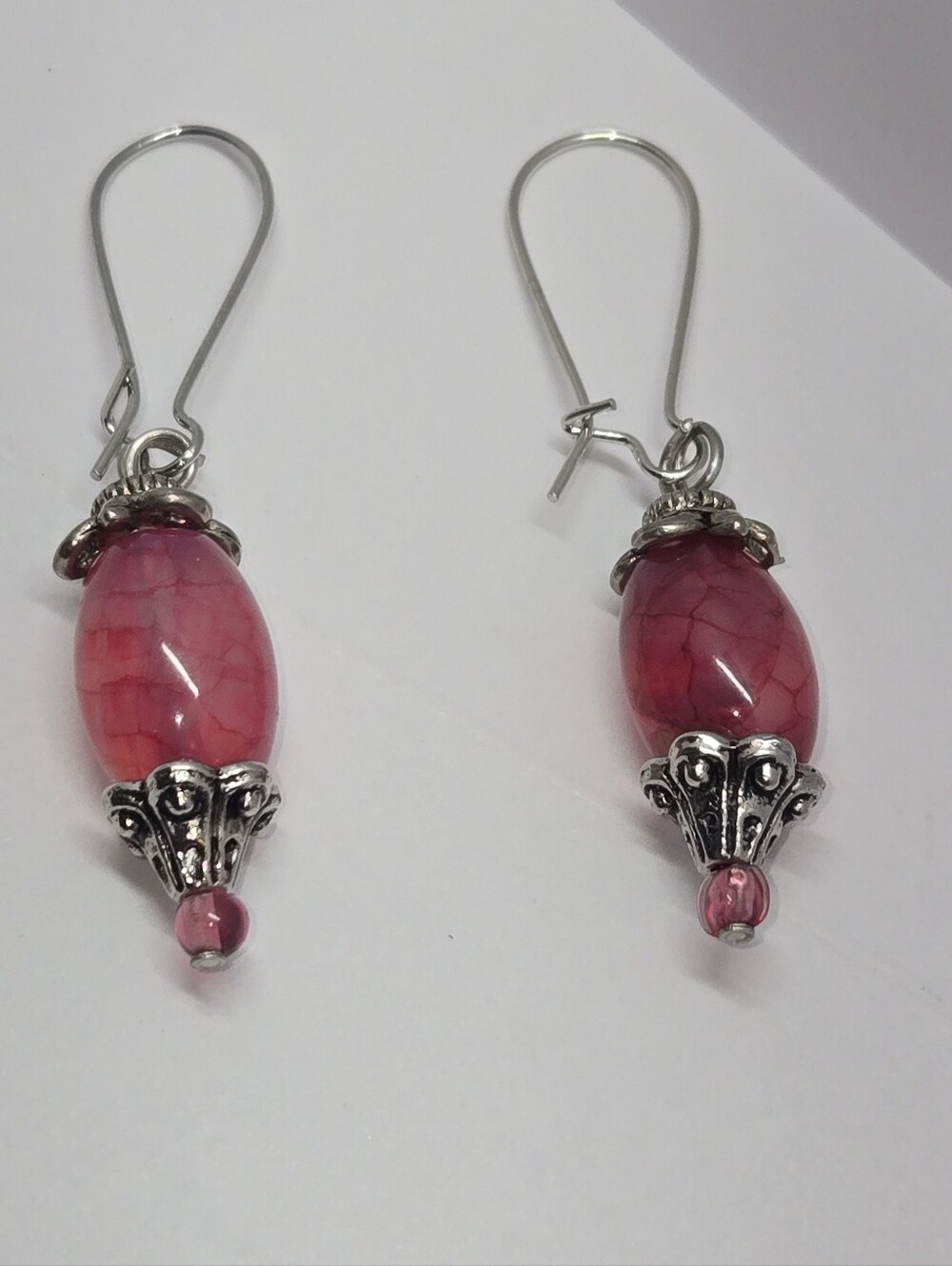 Pink Agate Drop Earrings with Silver Accents